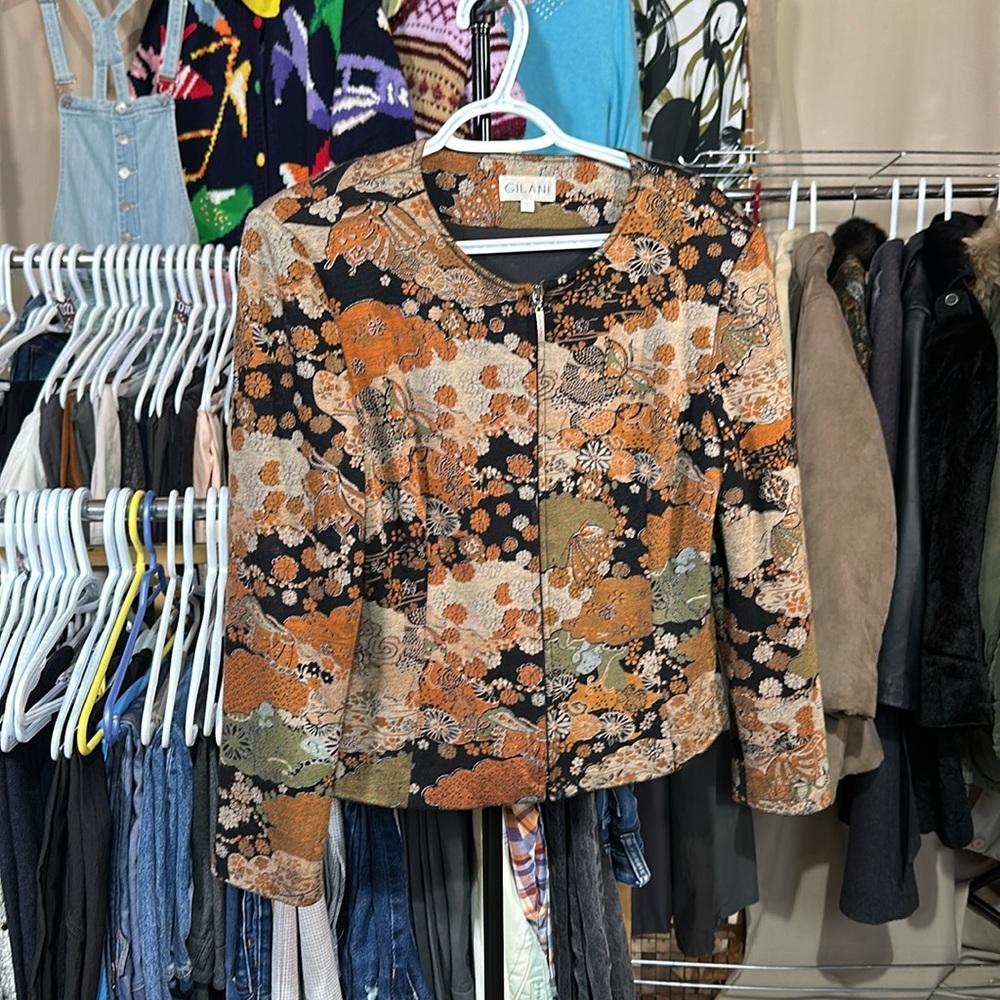 Gilani size 10 Black, Olive, Orange Zip up Blazer with Floral Butterfly Design